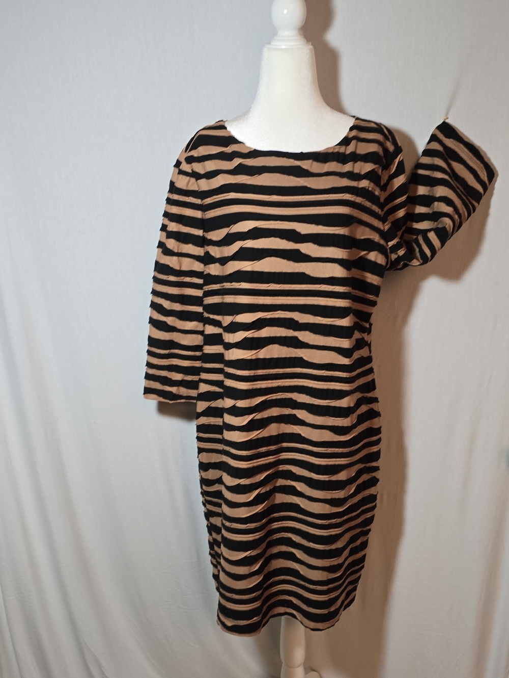 Chico's Black and Tan Striped Long-Sleeve Shift Dress Like Now